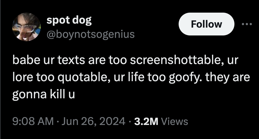 screenshot - spot dog ... babe ur texts are too screenshottable, ur lore too quotable, ur life too goofy. they are gonna kill u 3.2M Views